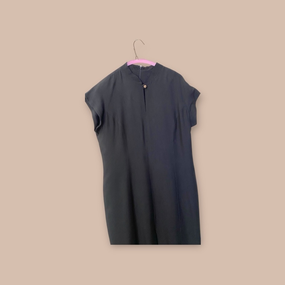 Vintage Black Maxi Sheath Dress with Mock Neck and Dolman Cap Sleeves for Work